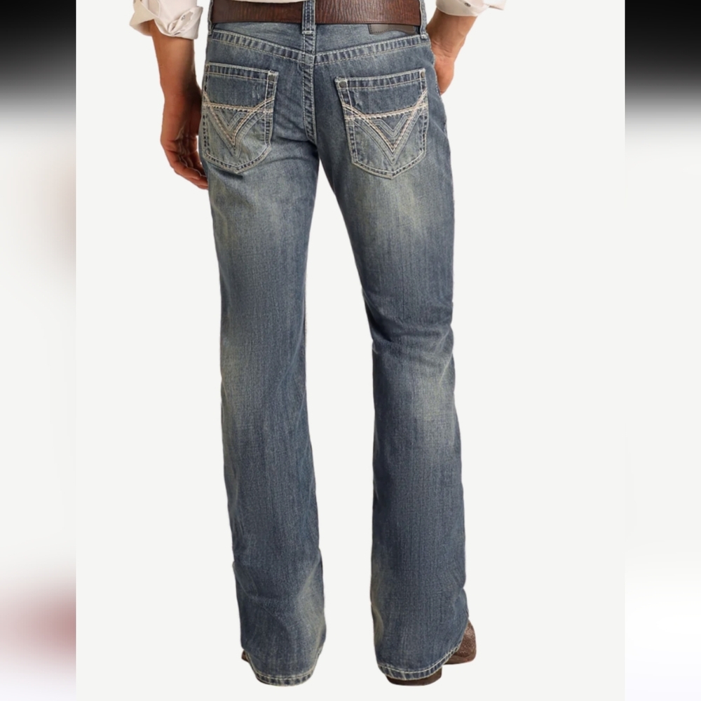 Mens Rock and Roll Denim Pistol Bootcut Jeans Distressed 33 x 34
